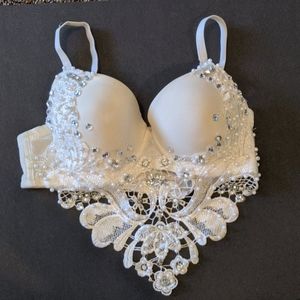 White beaded rhinestone top and iridescent skirt